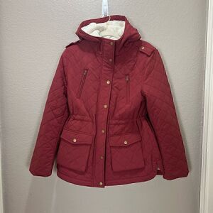 Eden Society Quilted Jacket Womens Medium Sherpa Lined Red Hooded Cozy Gorpcore